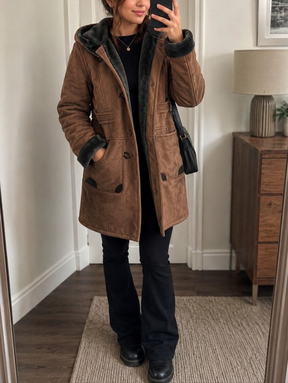 Novelti Brown Suede-Look Shearling Pea Coat - Brown